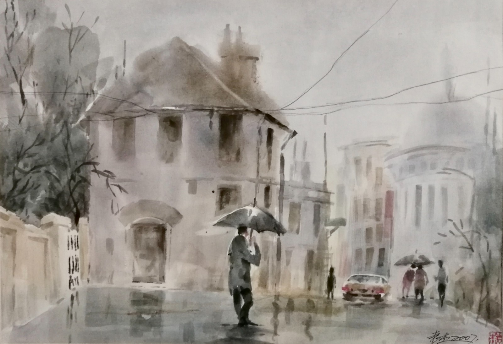 雨中风景写生 37X53cm 纸本水彩 2007