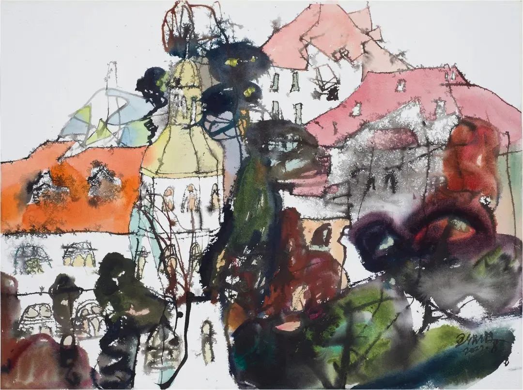 《红瓦绿树》 纸本水彩 55X37cm