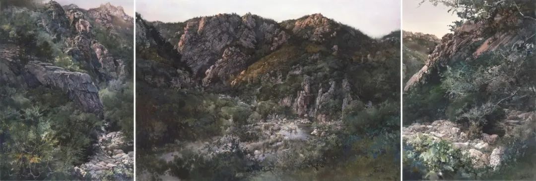 《崂峰濯霞》纸本水彩 100cmX294cm 2019年11月创作