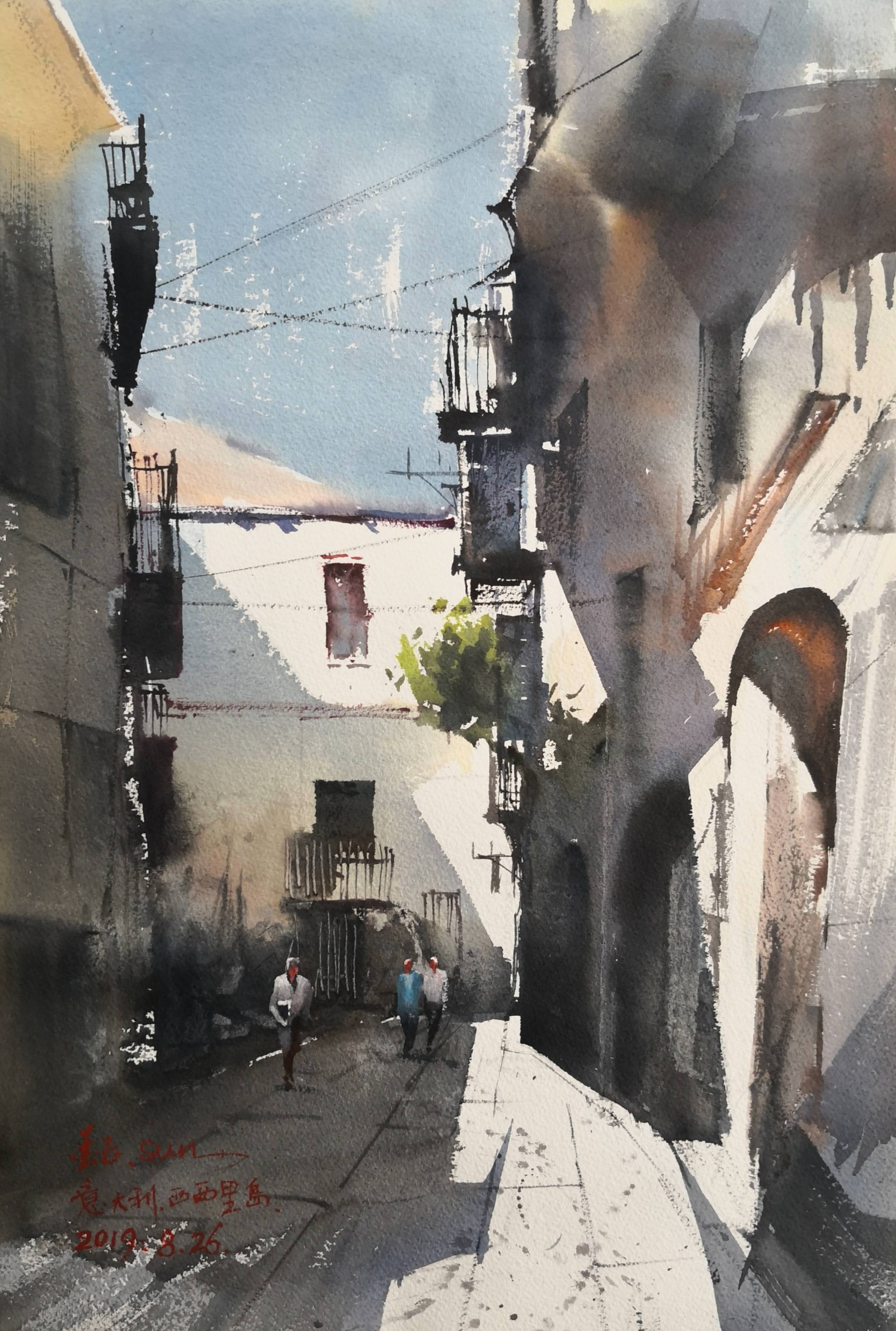 孙哨兵－西西里岛的晨曦－57X38－水彩(1)